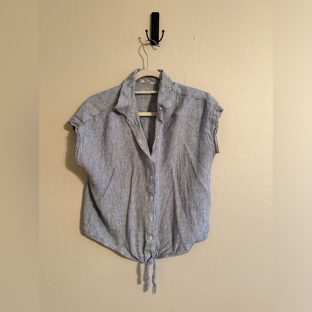 Weatherproof vintage linen blue stripe short sleeve crop top